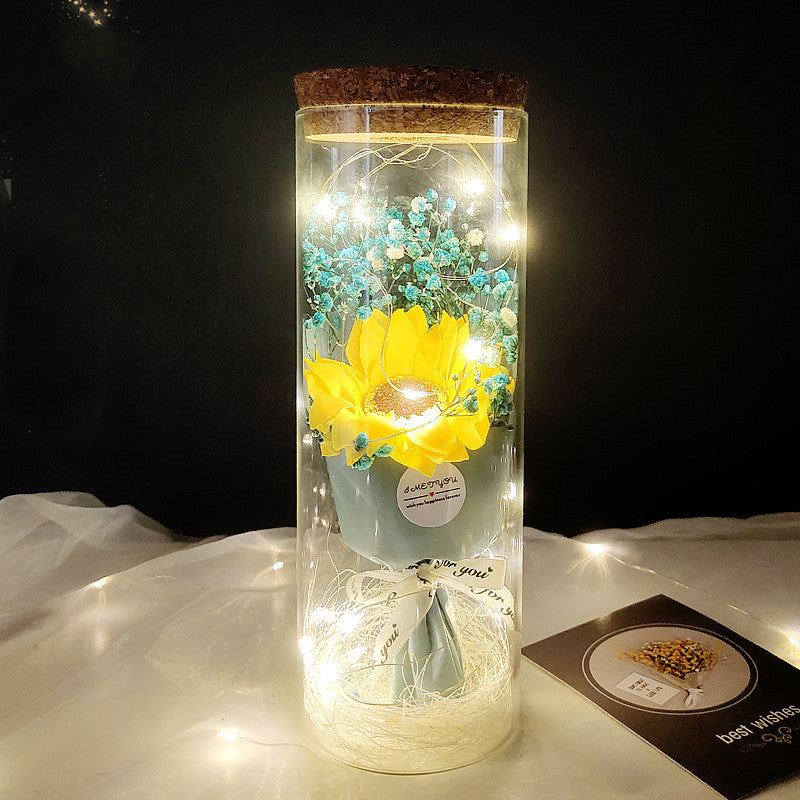Dried Flowers Immortalized Flowers Sunflowers Roses Ornaments Red Preserved Rose In Glass Dome With Colorful LED Lights Valentines Day Gift