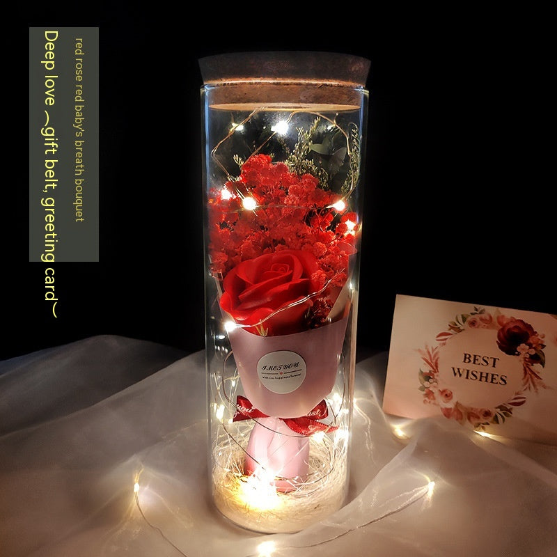 Dried Flowers Immortalized Flowers Sunflowers Roses Ornaments Red Preserved Rose In Glass Dome With Colorful LED Lights Valentines Day Gift