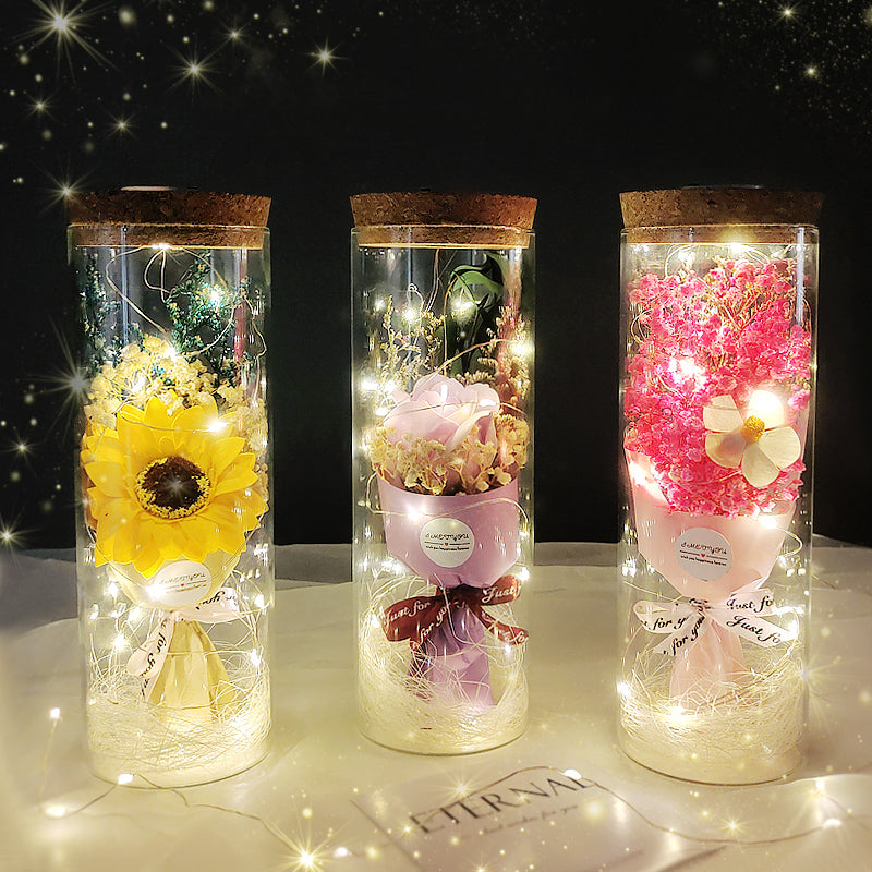 Dried Flowers Immortalized Flowers Sunflowers Roses Ornaments Red Preserved Rose In Glass Dome With Colorful LED Lights Valentines Day Gift