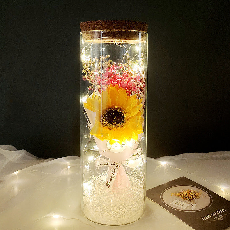 Dried Flowers Immortalized Flowers Sunflowers Roses Ornaments Red Preserved Rose In Glass Dome With Colorful LED Lights Valentines Day Gift