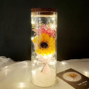 Dried Flowers Immortalized Flowers Sunflowers Roses Ornaments Red Preserved Rose In Glass Dome With Colorful LED Lights Valentines Day Gift