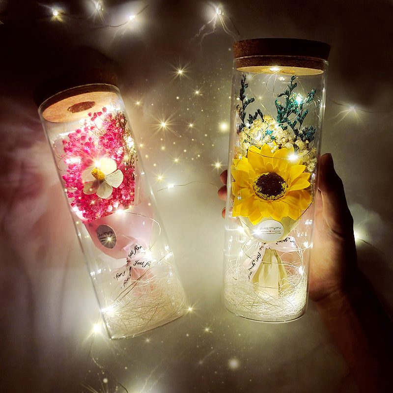 Dried Flowers Immortalized Flowers Sunflowers Roses Ornaments Red Preserved Rose In Glass Dome With Colorful LED Lights Valentines Day Gift