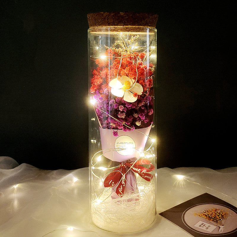 Dried Flowers Immortalized Flowers Sunflowers Roses Ornaments Red Preserved Rose In Glass Dome With Colorful LED Lights Valentines Day Gift