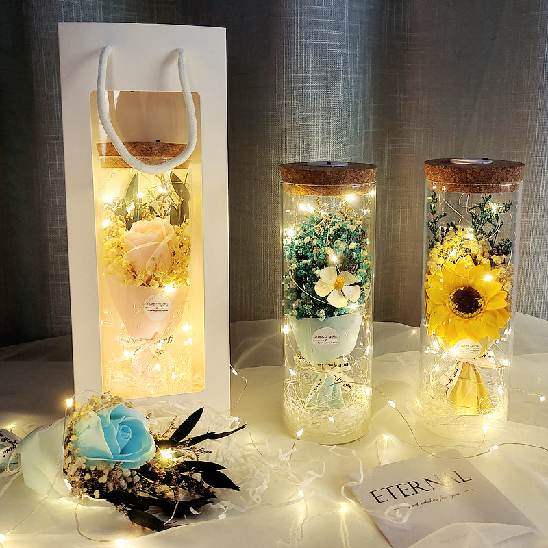 Dried Flowers Immortalized Flowers Sunflowers Roses Ornaments Red Preserved Rose In Glass Dome With Colorful LED Lights Valentines Day Gift