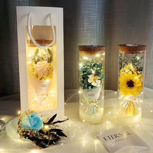 Dried Flowers Immortalized Flowers Sunflowers Roses Ornaments Red Preserved Rose In Glass Dome With Colorful LED Lights Valentines Day Gift